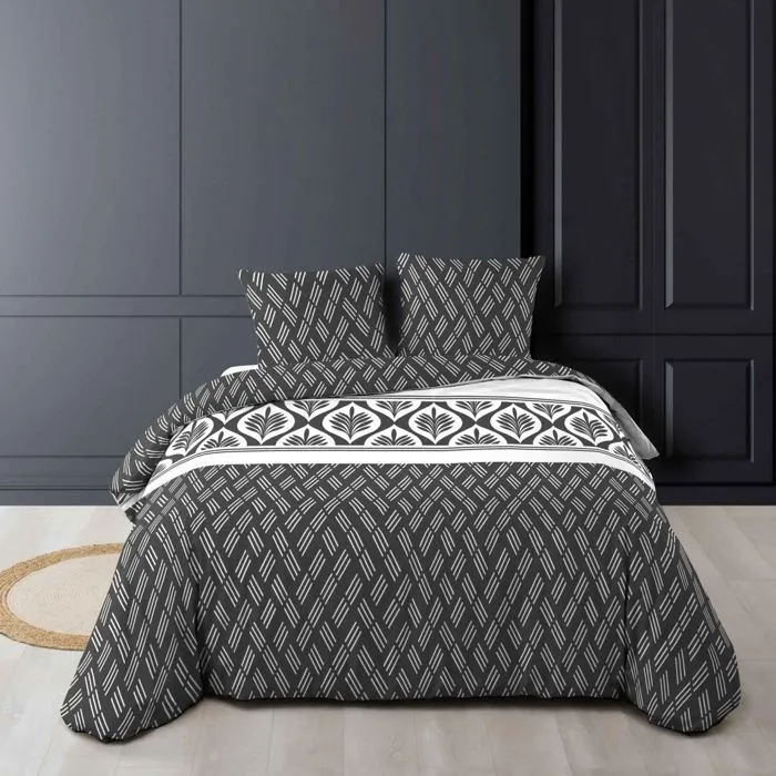 Parure de Lit - PARIS PRIX - Bonnie - 100% Coton - Noir et Blanc - 220x240 cm-0