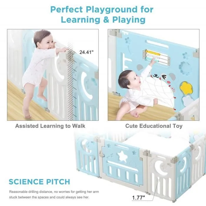 Parc Bébé Barrière Sécurité Pilable Plastique Enfant Protection Porte Espace Baby 10 Éléments avec 2 Panneaux d’Activité Porte Bleu-2