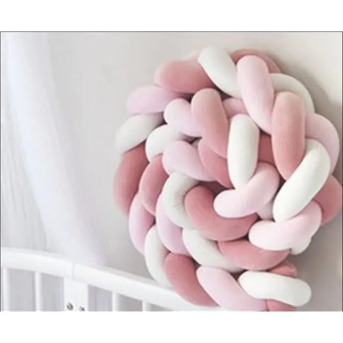 3M Tour de Lit Coussin Serpent Coussin Tressé Pare-chocs Velours Protection Bébé (Blanc+Rose+Rose Fonce)-0