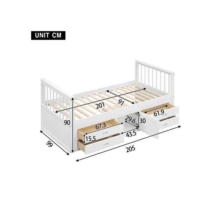 90x200 cm Lit podium, lit d'enfant, lit podium avec 4 tiroirs, avec armoire de rangement, blanc-4