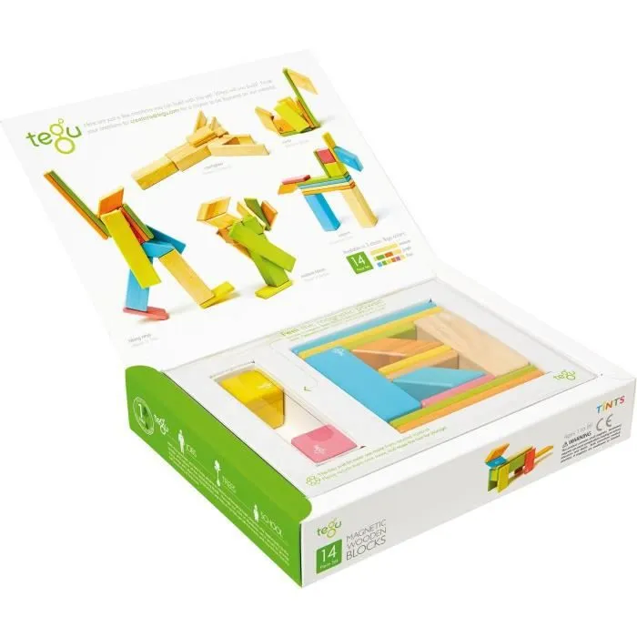 TEGU Tints 14 Pièces colorées - Blocs de bois aimantés - Jeu de construction-1