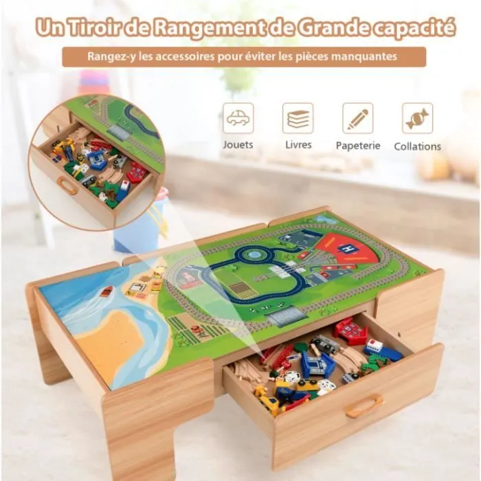 COSTWAY Ensemble Table de Circuit Voiture et Train pour Enfant -100 Accessoires avec Table Réversible d’Activité et Tiroir 3 Ans +-2