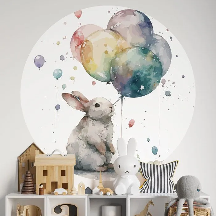 Sticker mural rond - Lapin ballons - Adhésif MAT - Diamètre 90 cm - Décoration murale enfants-0
