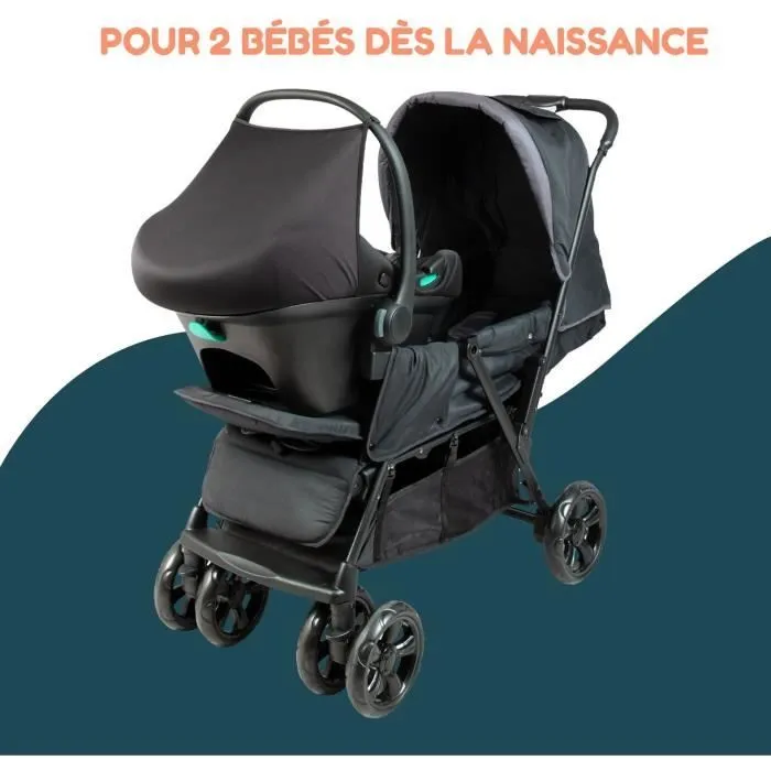 Bebeboutik Poussette double jumeaux BAMBISOL Combine Poussette Double Siege Auto I size 4 roues Noir