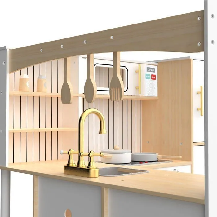 Cuisine Enfant +3ans Bois Mamabrum - Interactive, Cuisine Angle, Dinette, Lave-linge, Four, Lave-vaisselle, Hotte, Plaque, Blanche-2