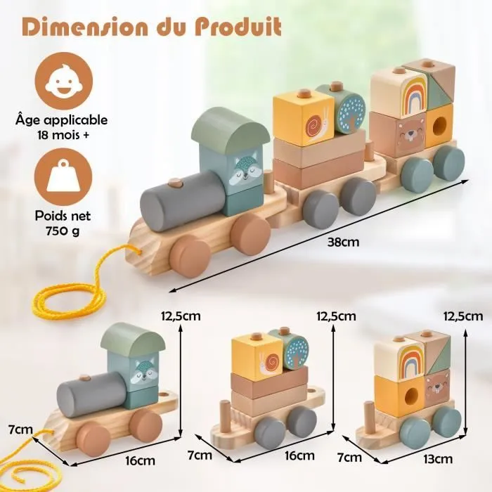 COSTWAY Train à Tirer en Bois - 14 Pièces -3 Wagons, Locomotive Rétractable - Jouet d'Eveil en Bois Massif Sûr-3