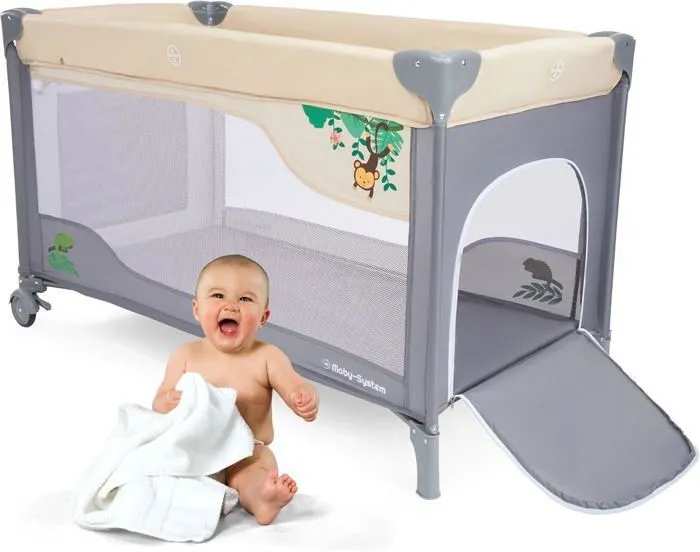 Moby-System Lit Parapluie Pliable & Parc Bébé 2EN1 | 2 Niveaux Matelas Haut Bas Jusqu'à 25 kg| Moustiquaire Sac Transport| CE-5