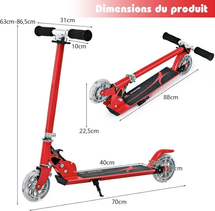 COSTWAY Trottinette Enfant Pliable 2 Roues LED Clignotantes Hauteur Ajustable Charge Max 70kg Enfant de 4 à 14 Ans Patinette Rouge-5