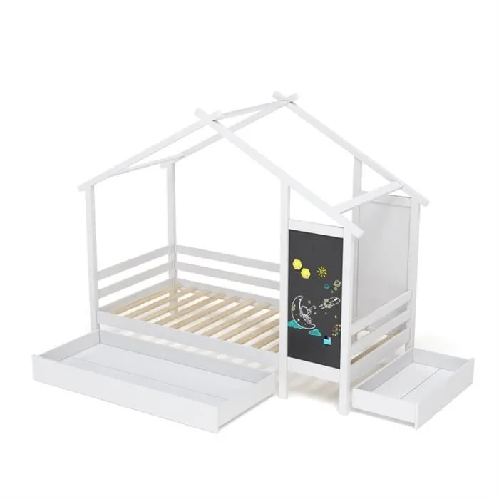 Lit cabane - DREAMMESPACE - 90x200 cm - Blanc - 1 petit tiroir - 1 grand tiroir-2