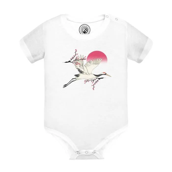 Body Bébé Manche Courte Blanc Grue du Japon Oiseau Asie Faune Sakura-0