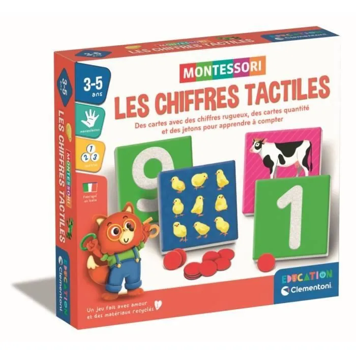 Montessori - Clementoni - Les chiffres tactiles - Jeu éducatif apprentissage des chiffres - 10 cartes chiffres rugueux - Dés 3 ans-0