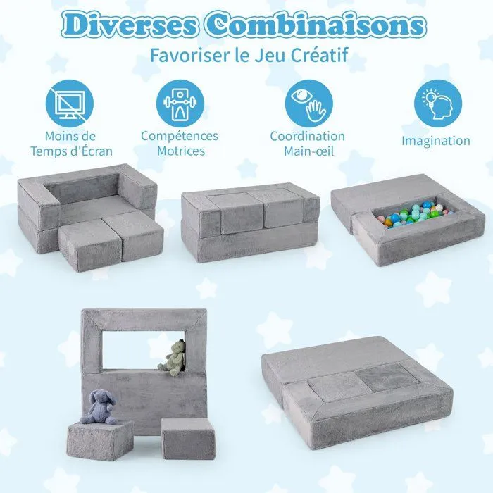 COSTWAY Canapé Modulaire pour Enfants 3 Pièces Convertible en Mousse, Canapé-lit Pliable pour Chambre, Salon, 100 x 52 x 42cm, Gris-1