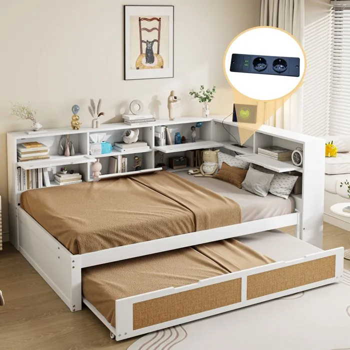Lit gigogne - Canapé-lit - 140x200cm + 90x190cm - Bois massif - Blanc - Rangement intégré-0
