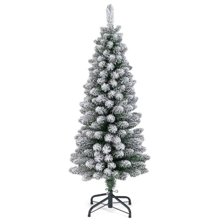 Sapin de Noël Artificiel 120 cm COSTWAY, Floqué de Neige, Support en Métal Pliable, 240 Branches, Forme Fine, pour Petits Espaces-0