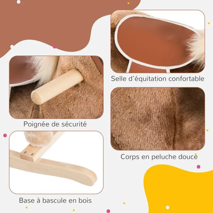 Cheval à bascule cheval de cowboy selle grand confort peluche courte douce bois peuplier brun blanc-5