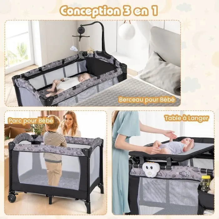 COSTWAY Lit Parapluie Bébé Pliant 4 en 1 avec Matelas,Jouets Suspendus,Boîte à Musique,Table à Langer Amovible 0-3 Ans 15KG Gris-1
