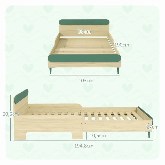 Lit pour enfant - AIYAPLAY - 3 à 10 ans - barrière de sécurité, sommier à lattes inclus - 195 x 103 x 60,5 cm - vert-3