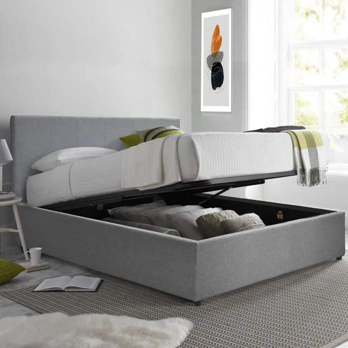 Lit Coffre Prestige 180 x 200 by Sampur | Tissu Gris clair | Sommier à Lattes en Bois + Tête de Lit inclus - Design Moderne-0