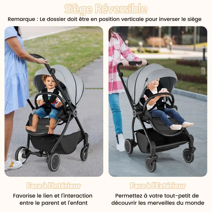 COSTWAY Poussette Canne Pliable Bébé avec Siège Réversible & Dossier Inclinable, Panier Inférieur, Harnais à 5 Points, 15 kg, Gris-3