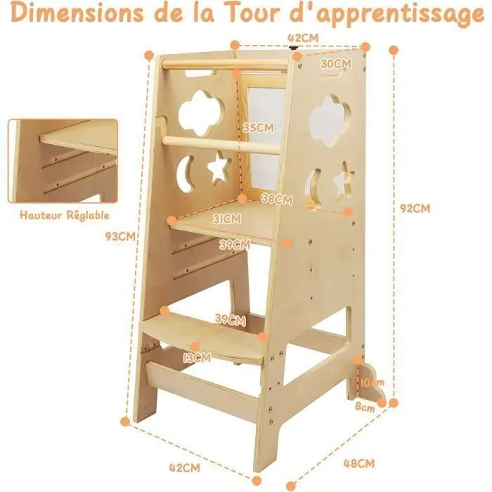 Tour d'apprentissage Enfant Tour d'observation Montessori, Tour Bébé avec 2 Tableau Réinscriptible,3 Hauteurs Réglables,Bois Naturel-3