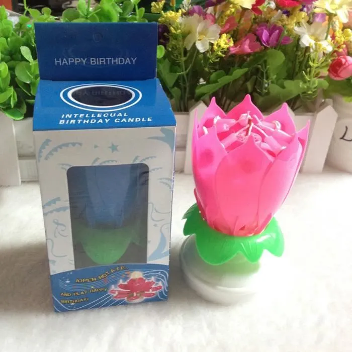 Bougie d'anniversaire - Lotus - Musique Joyeux Anniversaire - Bleu - Double Couche - Décoration de Fête-3