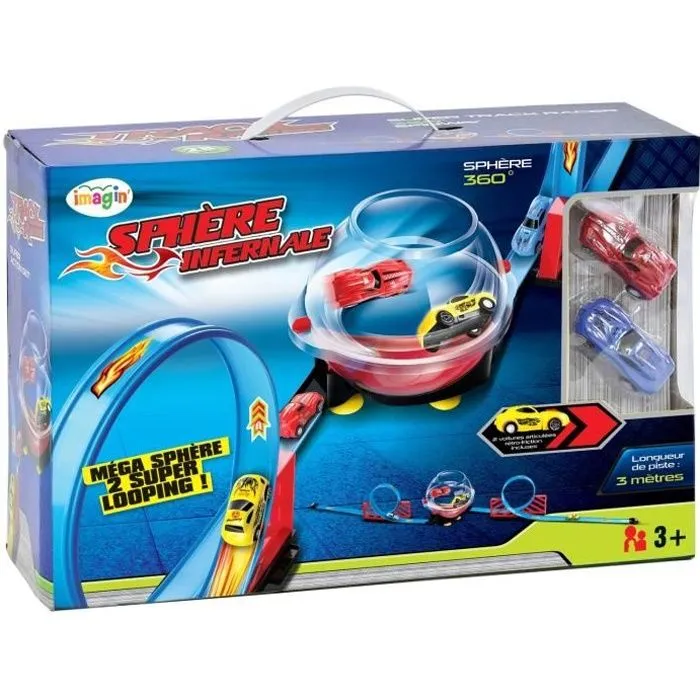 Jouet Circuit de course Mega Sphère - IMAGIN - Hot Wheels - Double looping - 2 voitures en rétro-fiction - Bleu-0