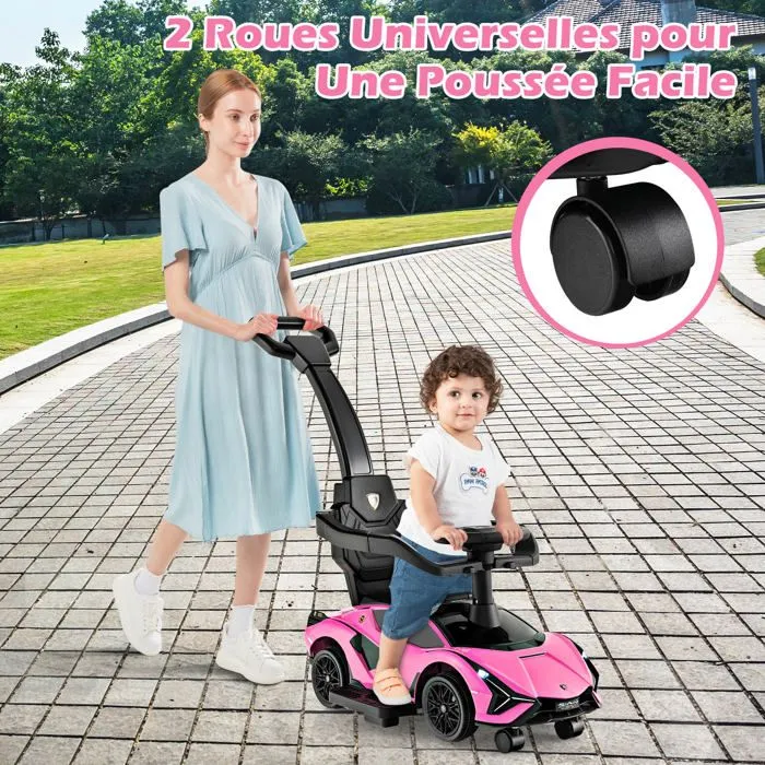 Lamborghini Voiture à Pousser 3 en 1 pour Enfants, Roues Universelles, Poignée Amovibles, Musique, Espace de Rangement, Rose-3