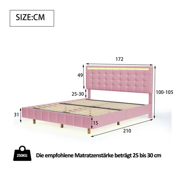 MODERNLUXE Lit rembourré 160x200 cm, avec éclairage LED et tête de lit design, sommier à lattes, rose-3