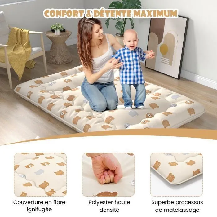 COSTWAY Matelas Futon Japonais 140x200CM - Surmatelas Amovible, Matelas de Sol Pliable - Maison, Camping-car, Dortoir - Ours Brun-2