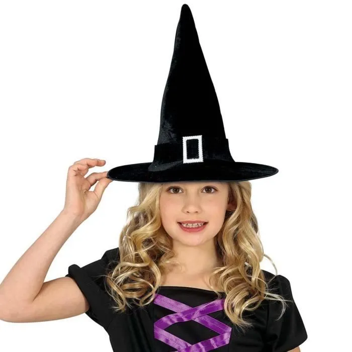 CHAPEAU DE SORCIÈRE VELOURS NOIR BOUCLE FILLE-0