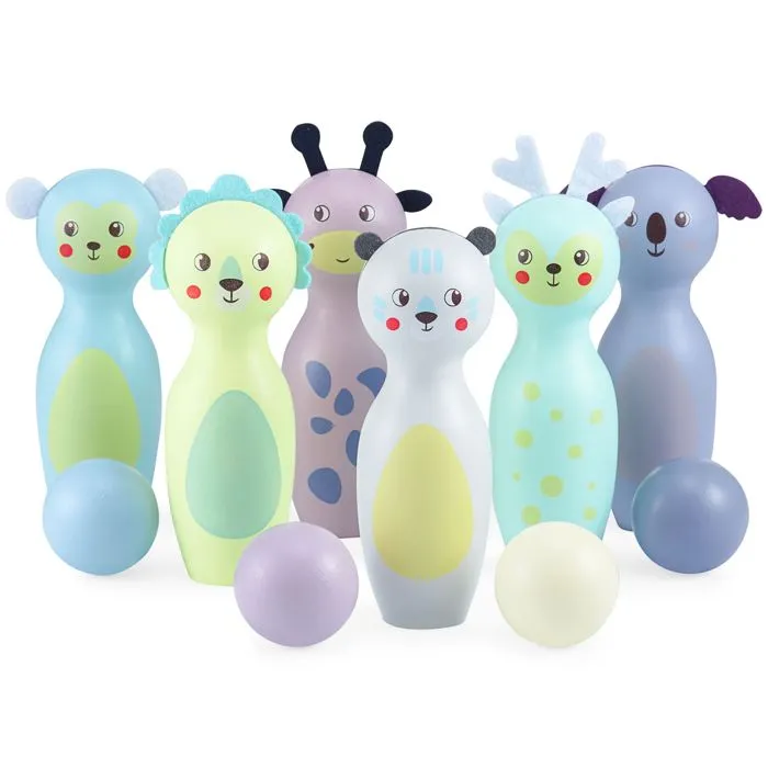 Jeux de Quille Bowling Enfant en Bois- Mamabrum- Lot de 6 bowling et 4 Boules - Animaux pastels- divertissement en Famille-4