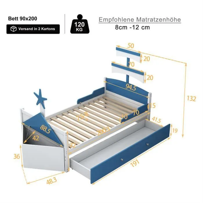 Lit simple enfant - DREAMMESPACE - 90x200cm - Design voilier - 1 tiroir - Métal et MDF-3
