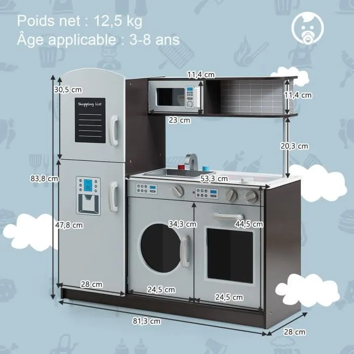 COSTWAY Cuisine Enfant en Bois avec Sons Réel Jouet Cuisinière avec Four, Micro-ondes, Réfrigérateur, etc. de 3 à 8 Ans-3