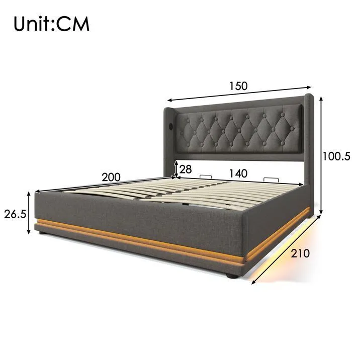 Lit coffre - MARQUE - 140x200 cm - Tissu coton - Ports USB et Type-C - LED multicolore-2