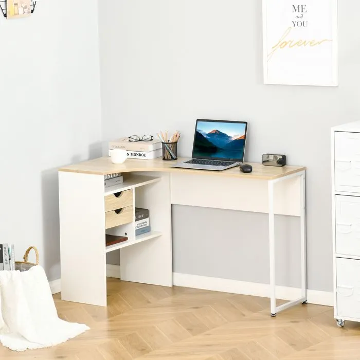 Bureau d'angle HOMCOM - Bureau informatique multi-rangement - Aspect chêne clair et blanc-1