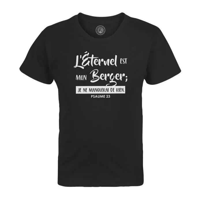 T-shirt Enfant Noir L'éternel est mon Berger Psaume 23 Verset Bible Religion Spiritualité Citation-0