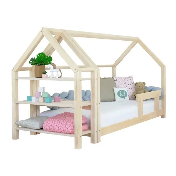Lit cabane en bois massif - GENERIQUE - TERY - 90x180 cm - étagère en forme de maison-0