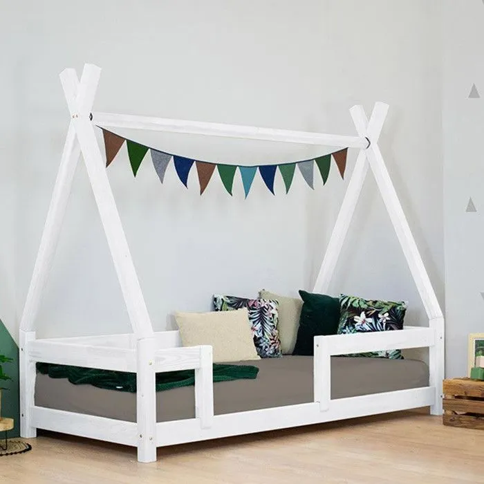 Lit Tipi enfant - Benlemi - 80 x 180 cm - Bois massif - Blanc - Barrière de sécurité incluse-0