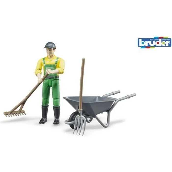 Bruder 62610 Figurine fermier avec brouette et accessoires-0