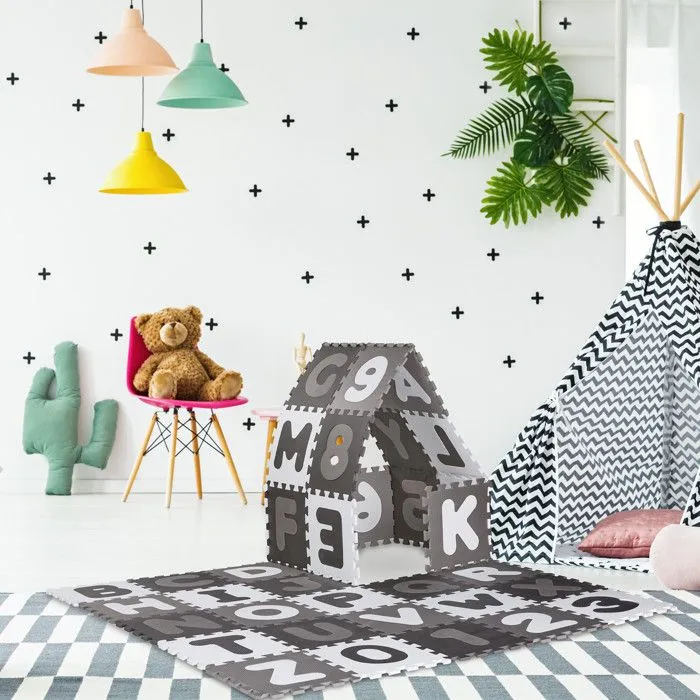 Relaxdays Tapis éducatif avec alphabet et chiffres, 60 parties, pour enfant, LxP : 172 x 172 cm,  mousse, blanc/gris-1