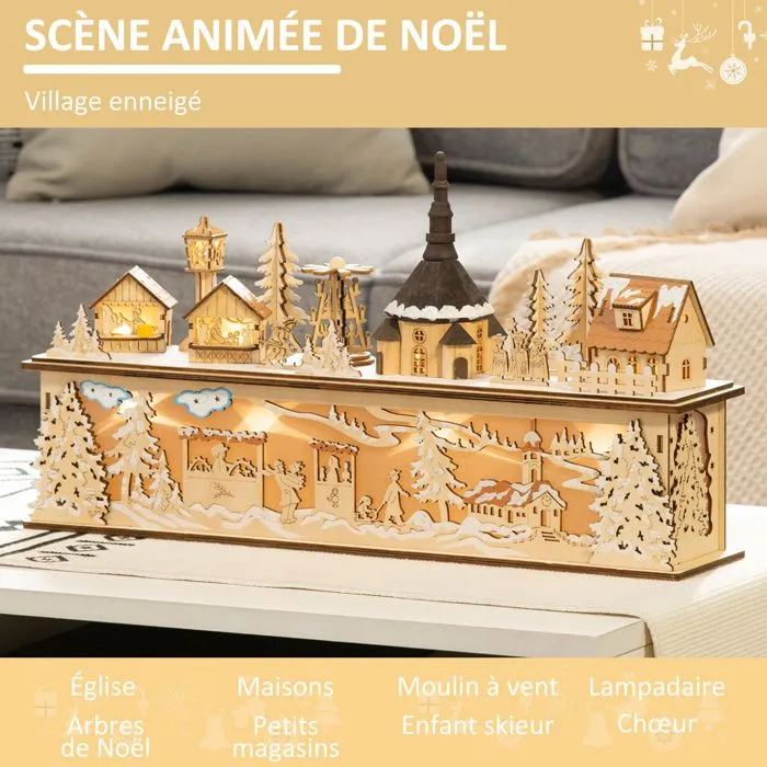 HOMCOM Village de Noël Lumineux en Bois Décoration de Noël Maison Miniature sur Table avec 10 LED Blanc Chaud - 45 x 10 x 25 cm-4
