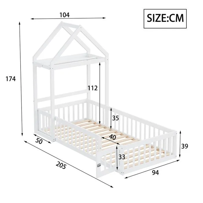 MODERNLUXE Lit enfant 90x200cm, Lit cabane cadre de en bois massif avec espace de rangement, blanc-3