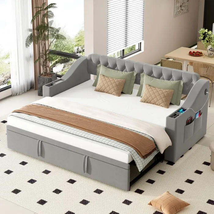 Lit gigogne - Canapé-lit - 90/180x190cm - Velours gris - Rangement intégré - Charge USB-0