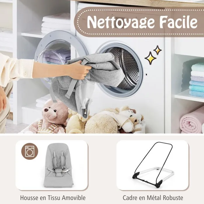 COSTWAY Transat Bébé Pliable-de la Naissance à 6 Mois-9KG-Barre de Jouets-Housse en Tissu Amovible-Base en Aluminium Léger-Gris-3