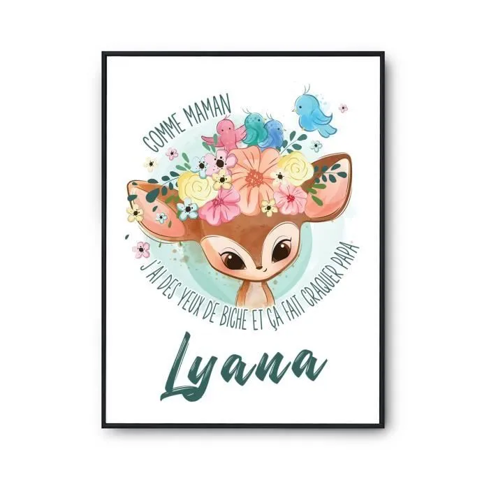 Affiche prénom Lyana Biche | Poster pour chambre bébé et enfant pour décoration murale qualité papier Premium A3-0