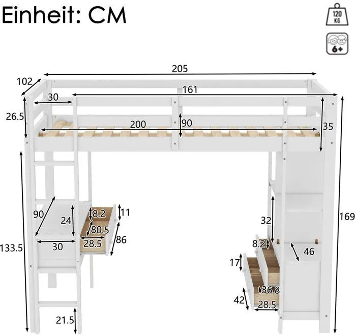 Lit mezzanine - Blanc - 90 x 200 cm - Avec bureau et tiroirs - 1 place - Design contemporain-3