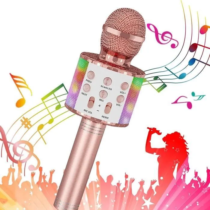 Microphone Karaoké Sans Fil - ELCKNER - Or Rose - 4-en-1 Multifonction - Effet Sound Magic - LED Colorées-0