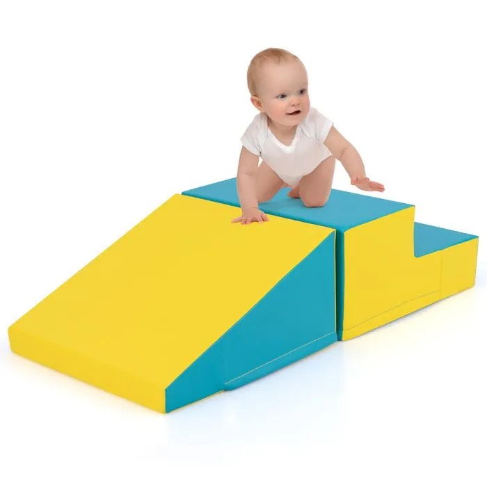 2PCS Module Motricité Bébé en Mousse COSTWAY-Bloc de Construction Housse en PU Amovible-Attache Auto-aggrippant-Jaune + Vert-0