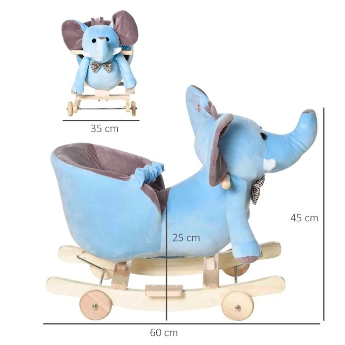 Cheval à Bascule HOMCOM Jouet à Bascule éléphant et Porteur sur roulettes 2 en 1 Fonction Musicale 32 Pistes Ceinture sécurité  Bleu-3