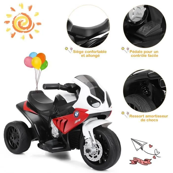 COSTWAY BMW Moto Electrique pour Enfants 6V/4Ah,3 Km/h avec Phare, Musiques 3 Roues 1,5-3 Ans Rouge-1
